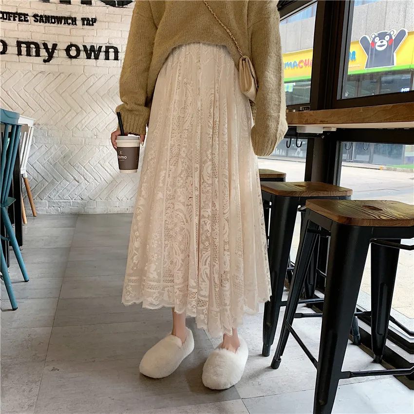 Arazooyi Elastic High Waist Lace Skirts Womens Spring Autumn 2021 New Korean Elegant Casual A-line Black Long Skirt Female