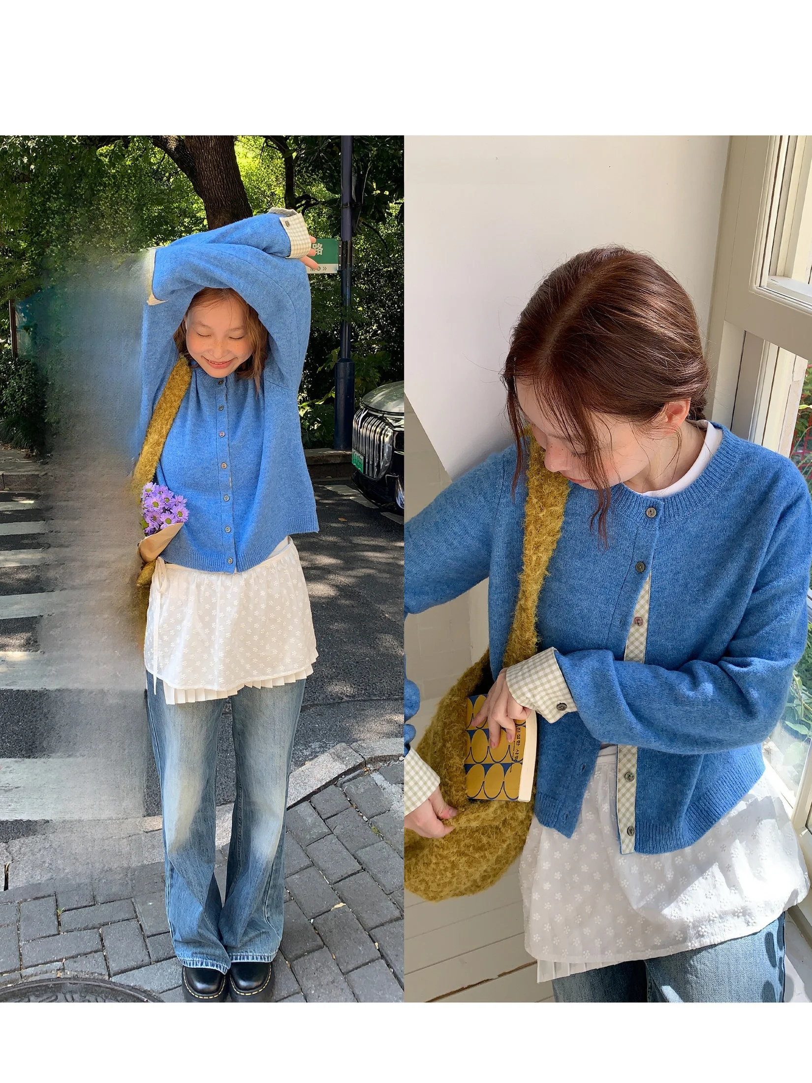 

Синий вязаный свитер женский свободного кроя с эффектом двухслойности, весна-осень, корейский стиль, для повседневной носки, однотонный, с длинными рукавами