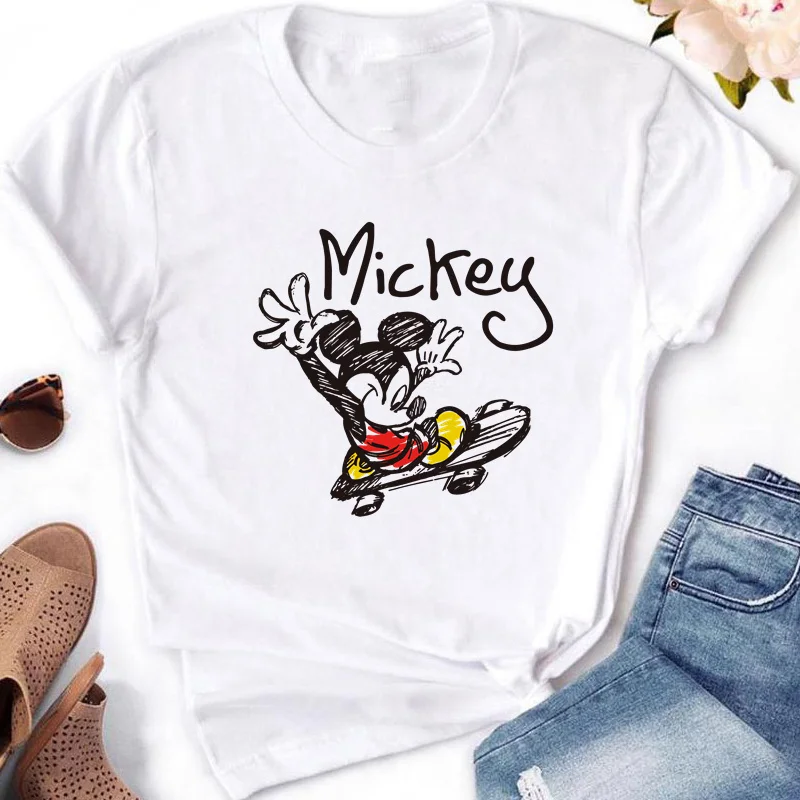 Disney Mickey Minnie Mouse Fashion Print Women White T-shirt Girl Short Sleeve Crew Neck Casual Top for Summer Women\'s Clothing