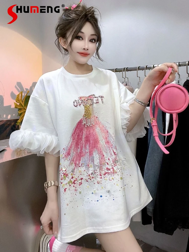 

Women's 2024 Summer New T-Shirts Loose Versatile Short-Sleeve Tops Fashion Trendy Female Rhinestone Flower Splicing Nice T-shirt