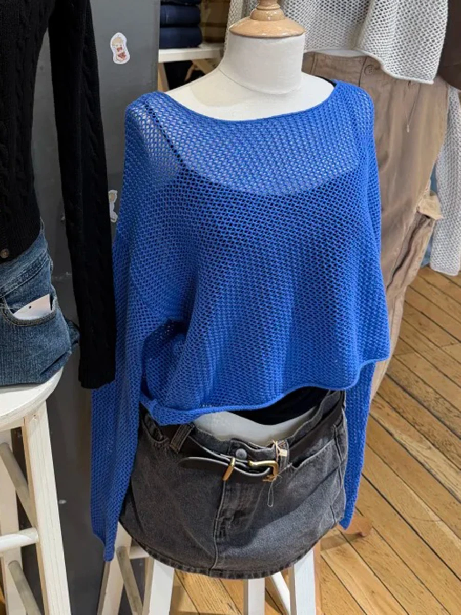 

Женские летние повседневные укороченные футболки-смоки с вырезами, синие, из хлопка, с вырезом-лодочкой, в винтажном стиле, шик, преппи, Y2K