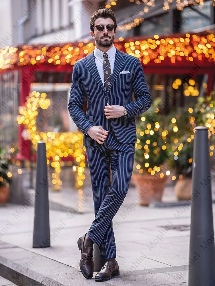 Blue Men's Suits Pinstripe 3 Piece Single Breasted Notched Lapel Groom Wedding Outfit Tuxedo Formal Business Blazer Customized