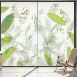 Hazy Green Plants Pattern Frosted Glass Windows Privacy Film Bathroom, Bedroom Glass Door No Glue Static Cling Decorative Film