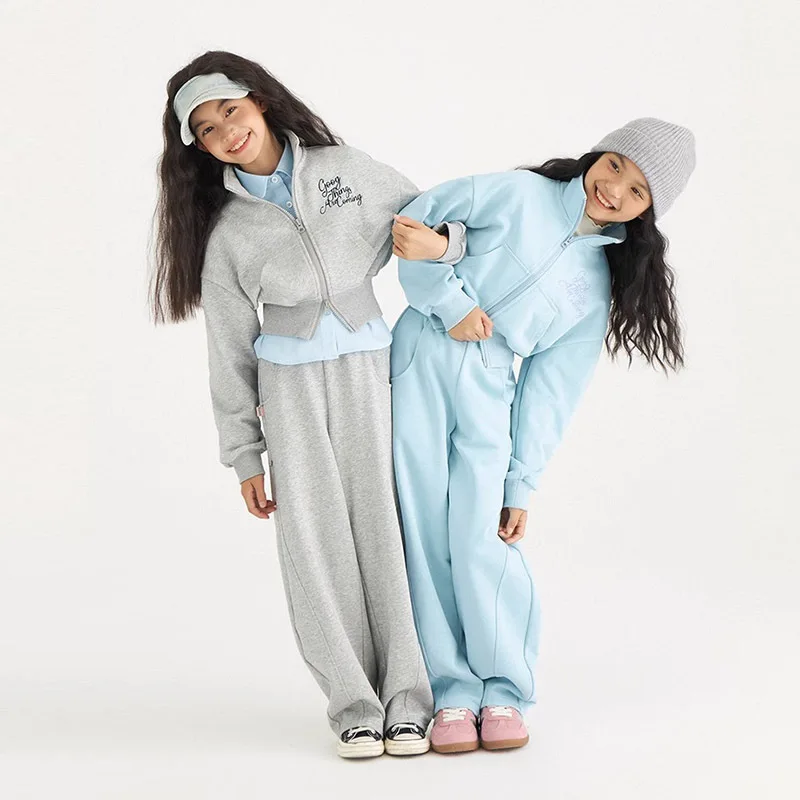 Girls Cotton Alphabet Double Zip Crop Workout Sweatshirt Jacket+Sweatpant School Kids 2PCS Tracksuit Child Jogger Outfit