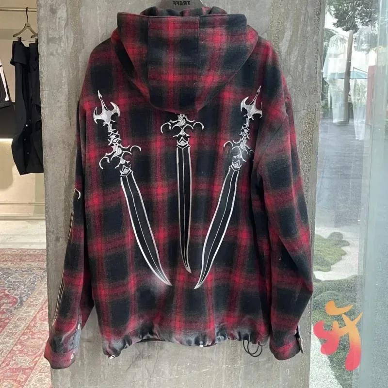 24FW Holy Sword Print Checkered Thug Club Jacket Original Label Star Moon Metal Logo Shirts Hiphop Street Men Women Hoody