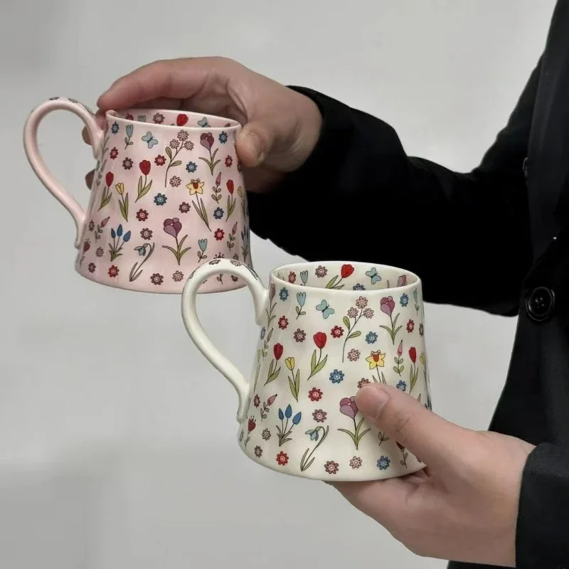 400ml Ceramic Coffee Mug with Floral Design French Retro Water Cup for Girls Household Office Milk Coffee Broken Flower Cup New