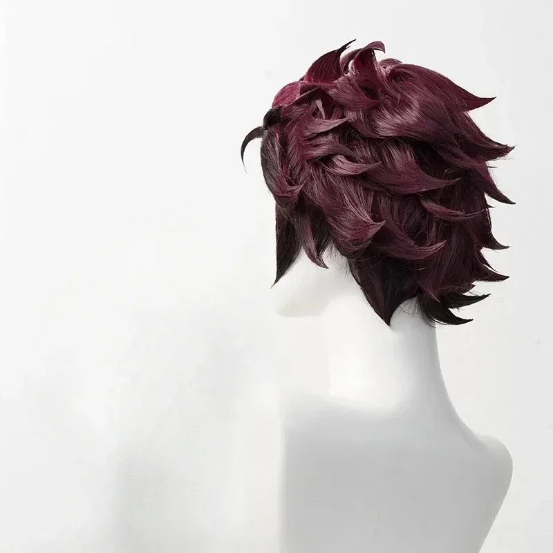 Peluca de Cosplay de Anime Kimetsu no Yaiba Tanjiro Kamado, pelo corto marrón castaño resistente al calor, pelucas o pendientes para Halloween