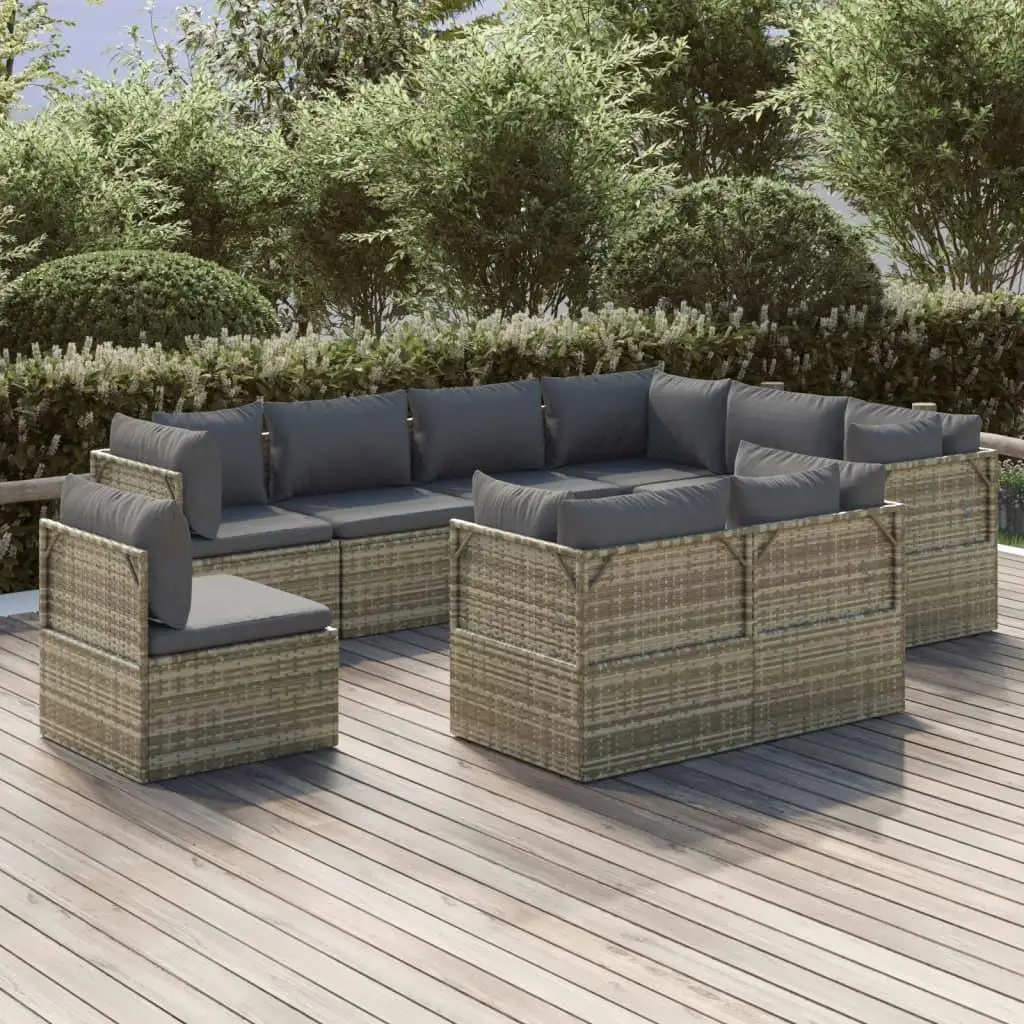 9-Piece Gray Poly Rattan Patio Lounge Set with Cushions - Outdoor Furniture for Relaxing