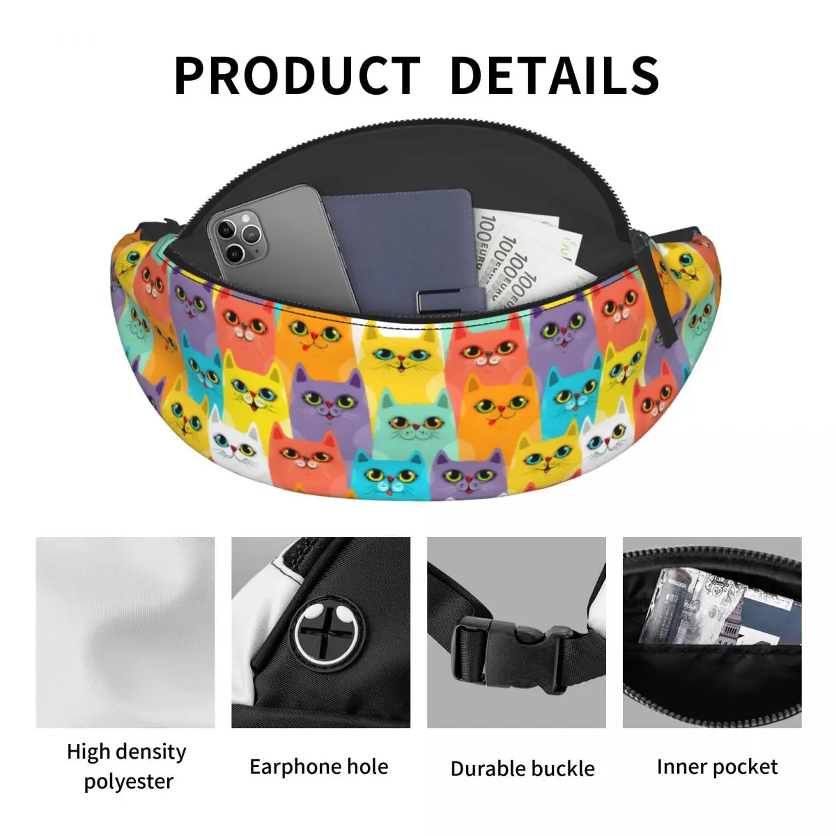 Custom Cartoon Cat Fanny Pack Women Men Crossbody Waist Bag for Running Phone Money Pouch