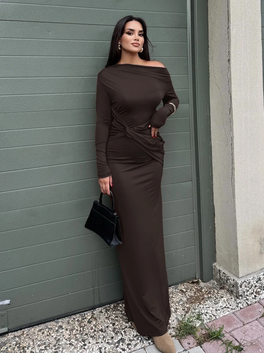 ชุดนอนผู้หญิงฤดูหนาว Marthaqiqi ชุดนอนเซ็กซี่เปิดไหล่ แขนยาว ชุดนอนยาวถึงข้อเท้า แฟชั่นชุดนอนผู้หญิง