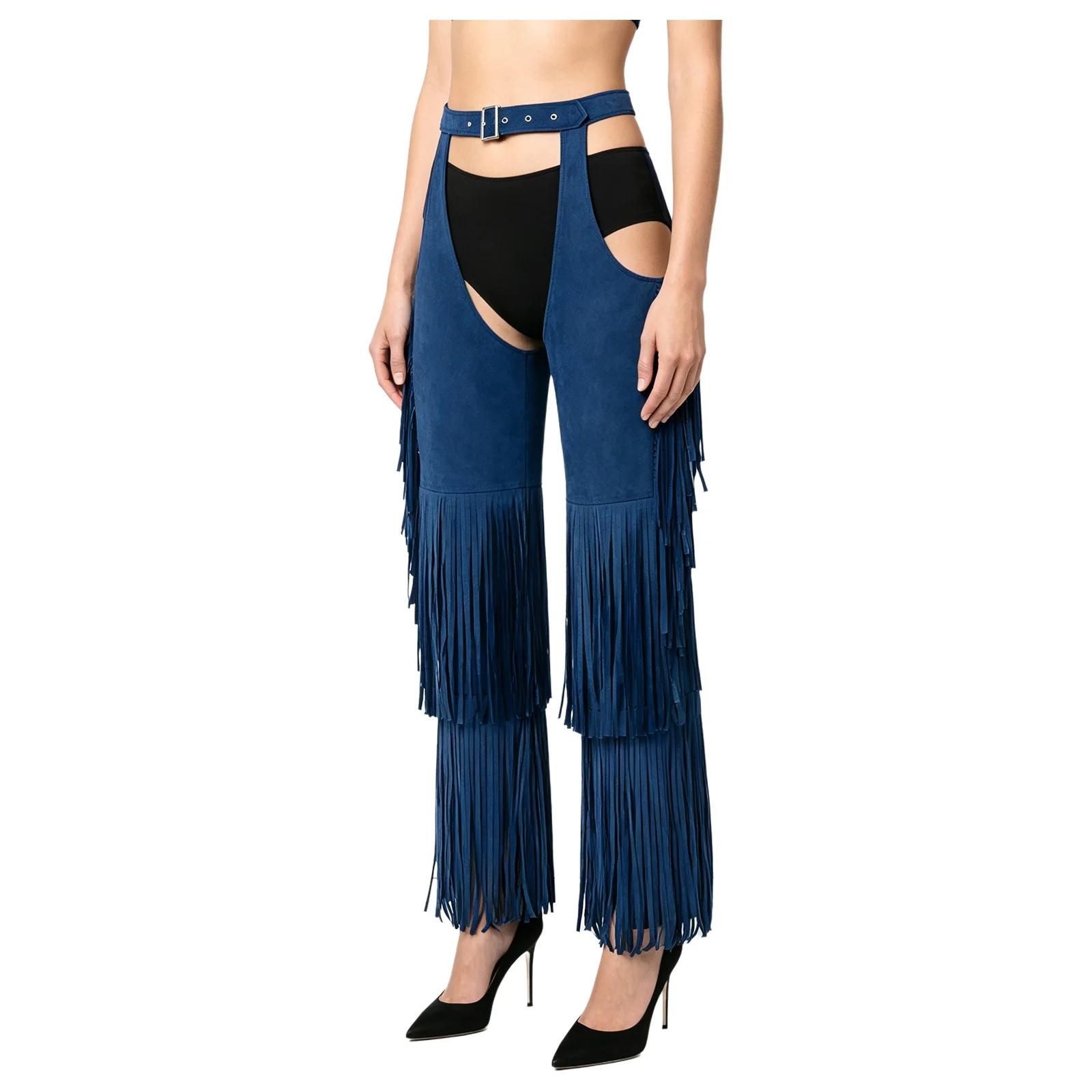 Womens Equestrian Horse Riding Show Pants Adjustable Waist Tiered Tassels Open Crotch Chaps Trousers for Trick Riding Rave Party view 2
