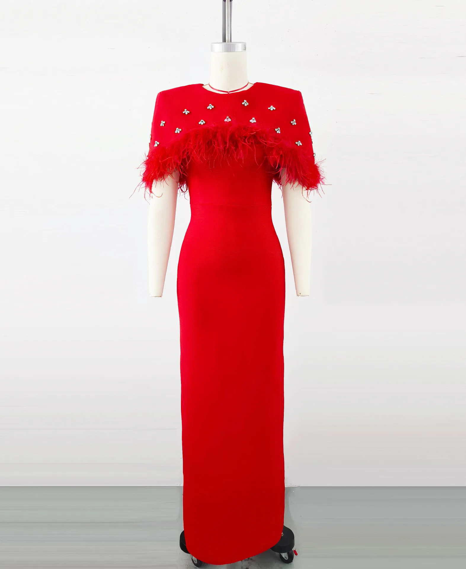 Vestido de noite formal com capa incrustada de diamantes e penas, vestido de noite formal para outono, banquete, socialite, ocasião especial