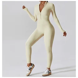 Women Yoga Jumpsuit Fitness Sports Suit Zipper Elastic One-Piece Bodysuits Gym Long Sleeve Gym Runing Push Up Workout Sportwear