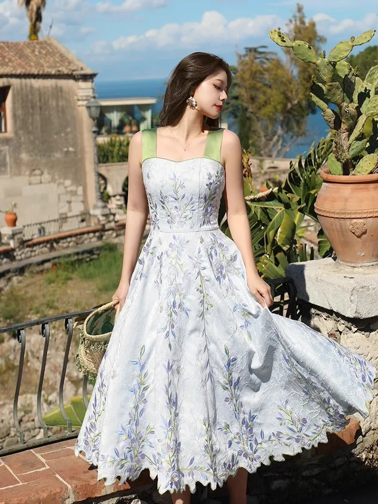 

84-96cm Bust Summer Birthday Dresses For Women Vintage Elegant Slim Luxury Embroidery Jacquard Sling Dress Holiday Long Dress