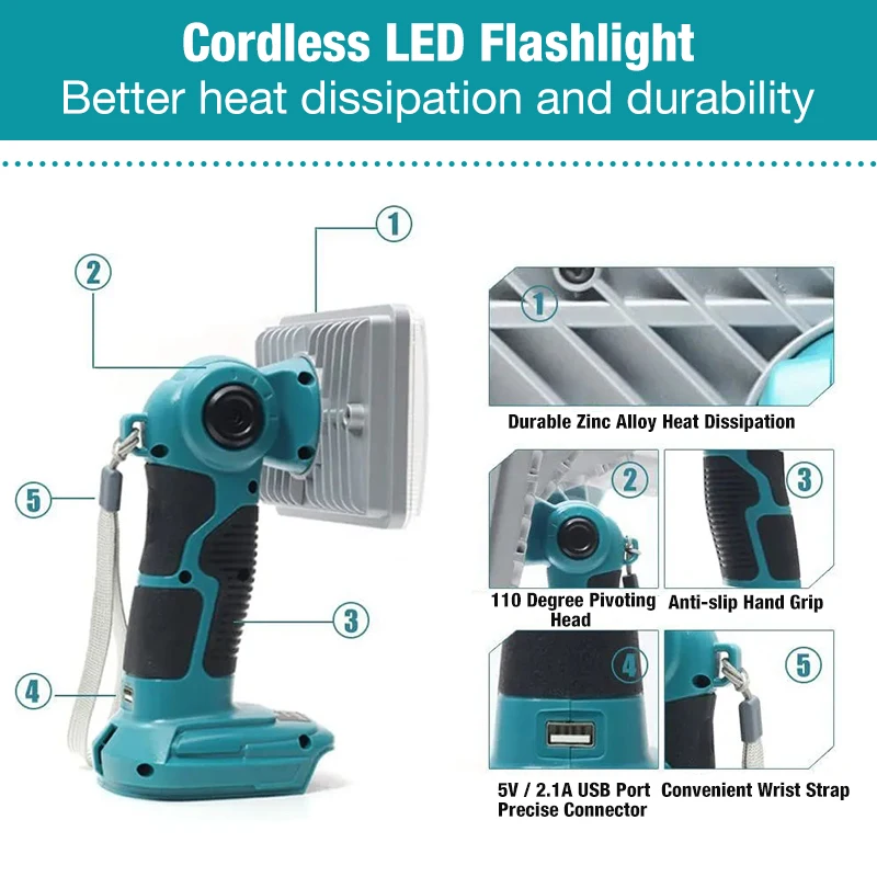 Cordless LED Flashlight Outdoor Spotlight 2000LM 5 Inches for Makita LXT BL1430 BL1830 BL1850 BL1860B 14.4V 18V Li-ion Battery