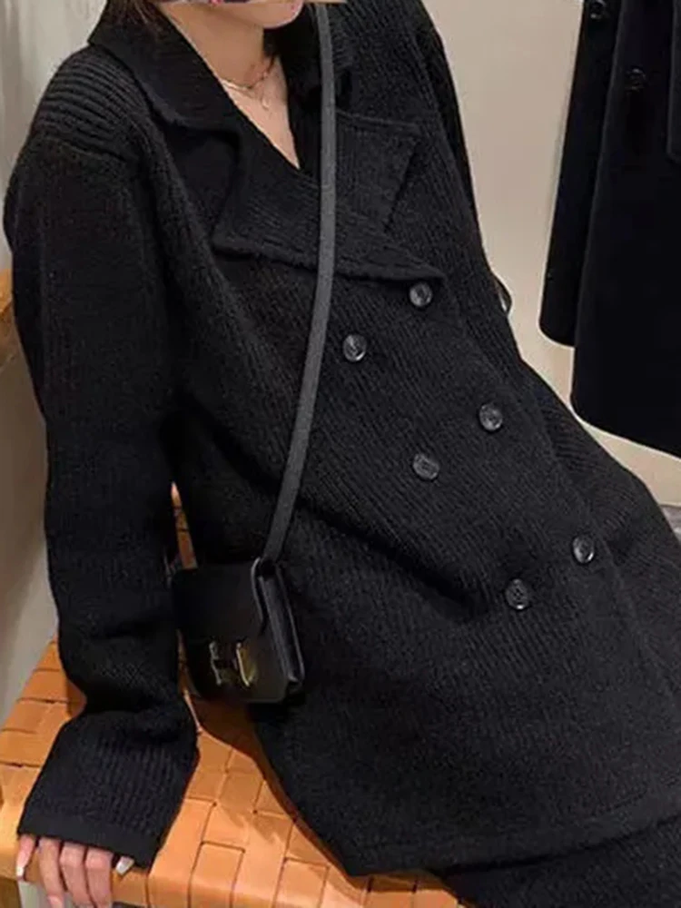 Elegant Office Lady Knitwear Skirts 2 Piece Set Double Breasted V-neck Knit Cardigan Outfit Straight Suster Faldas Conjuntos New