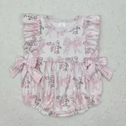 Summer infant girls New rts rompers wholesale boutique floral flowers leaves pink plaid bow vest romper