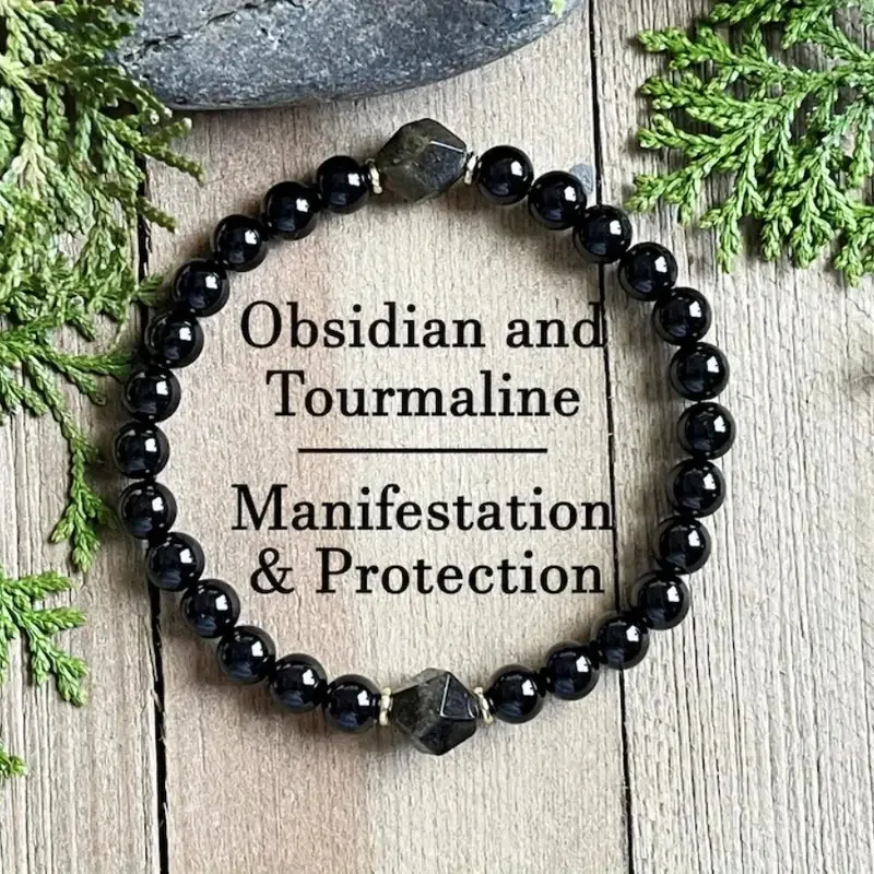 Obsidian Tourmaline Bracelet - Natural Healing Crystal Beads for Manifestation, Protection,Positive Energy,and Spiritual Balance