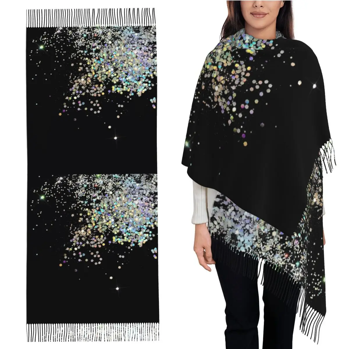 

Черный и голографический блестящий шарф, шарфы с кисточками для женщин, мягкие теплые шали и накидки, большая осенне-зимняя шаль