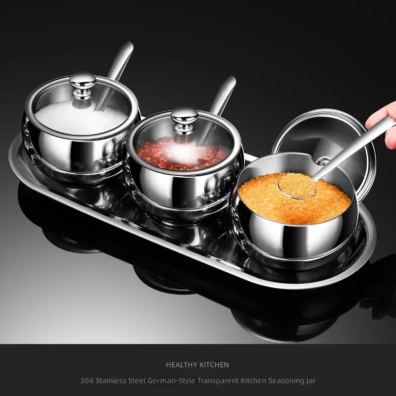 for 304 Stainless Steel Seasoning Jar Set Sealed Moisture Proof Spice Container with Spoon Thickened Kitchen Storage Box