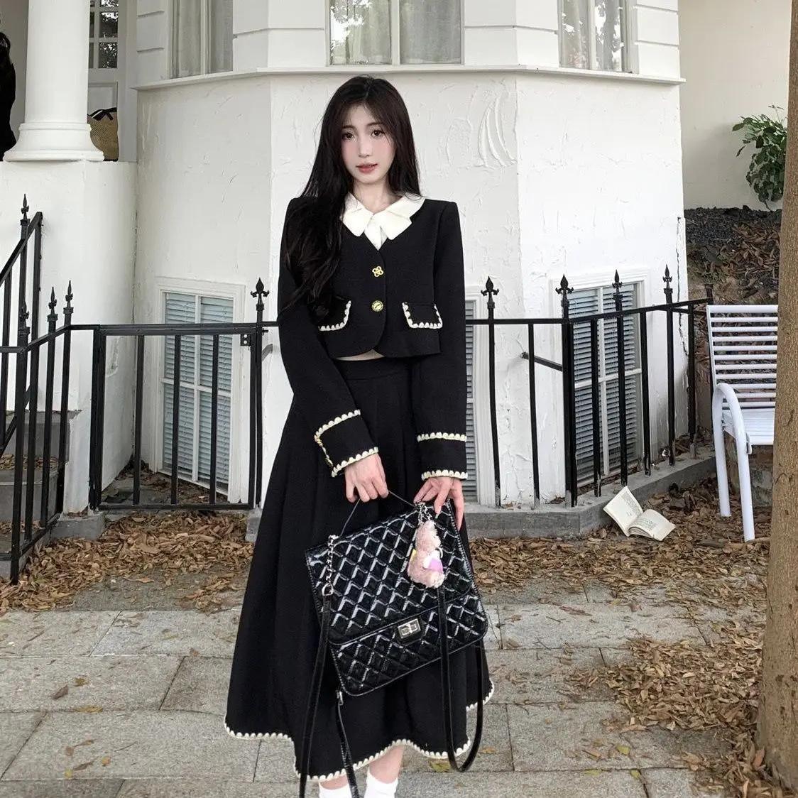 Xiaoxiangfeng Style Retro Slimming Versatile French Hepburn Style Patchwork Top and Skirt Two-piece Set for Women