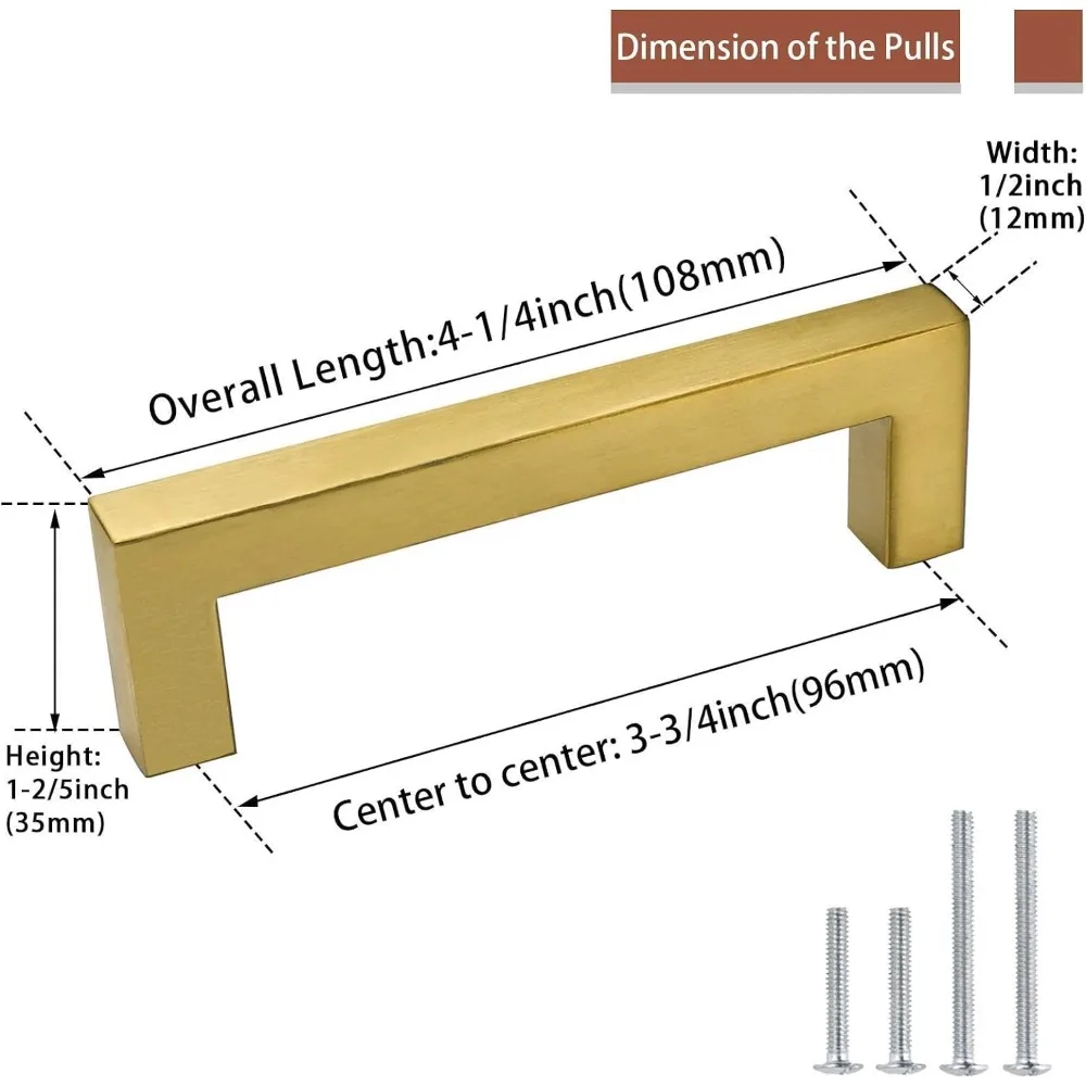 150 Pack 3 3/4 Inch Gold Cabinet Pulls Modern Square Bar Brushed Brass Drawer Pulls Stainless Steel Cabinets Hardware for