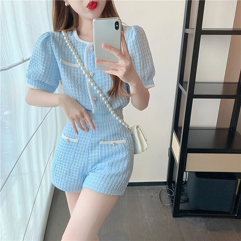 Fashion Blue Jacquard Shirts Women Slim Crop Tops Puff Short Sleeve Blouse Casual Wide Leg White Shorts 2 Piece Sets