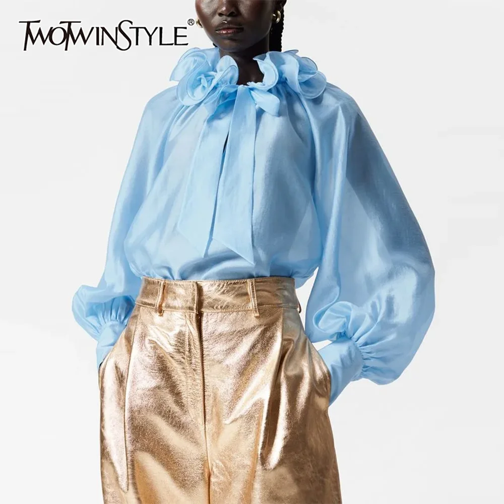 TWOTWINSTYLE Solid Spliced Fungus Chic Shirt Female O Neck Long Sleeve Loose French Literary Women's Shirts Fashion Autumn New