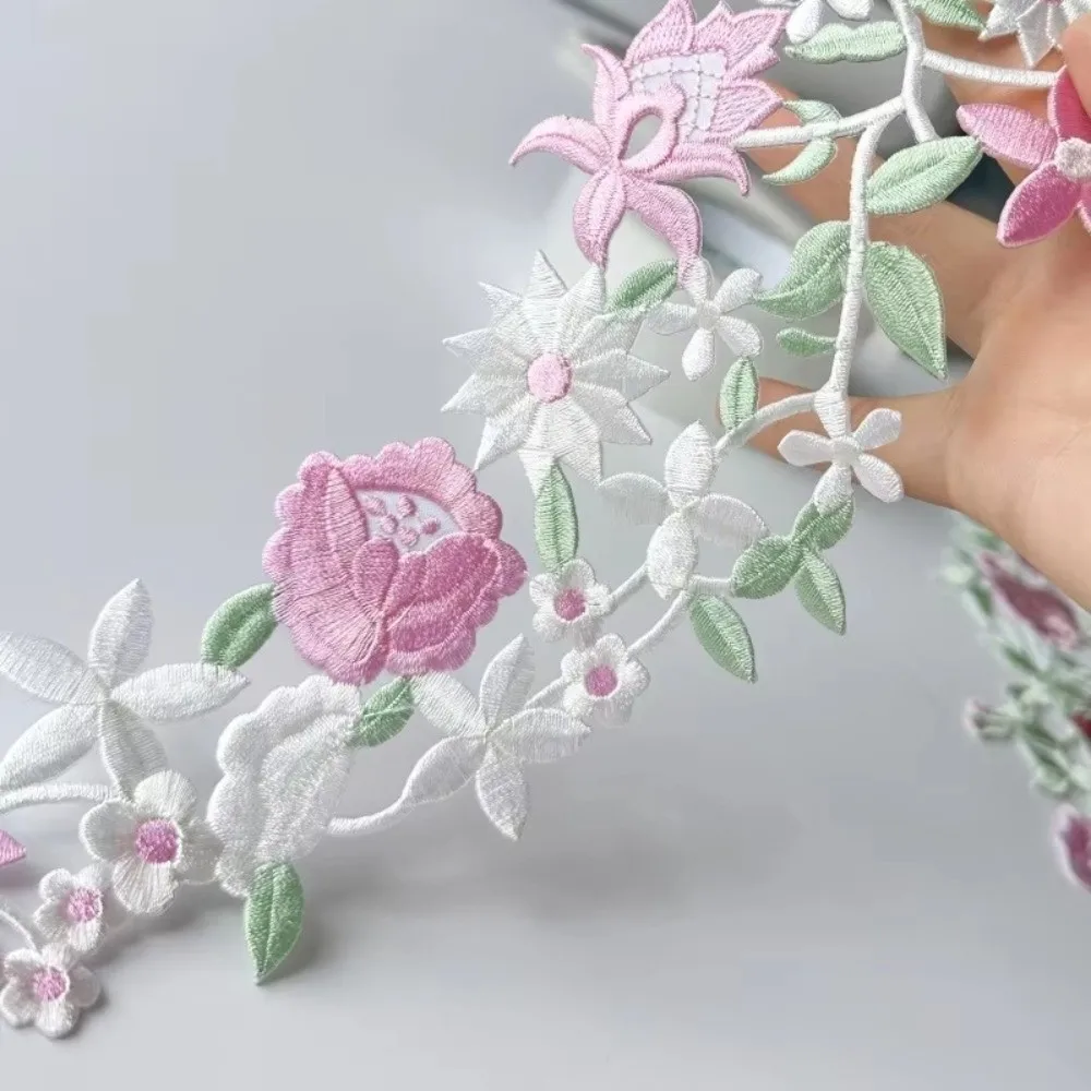 Rose Flower Flower Embroidered Cloth Patch Long Strip Pink and Green Iron-on Patch Adhesive Back Clothing Decoration