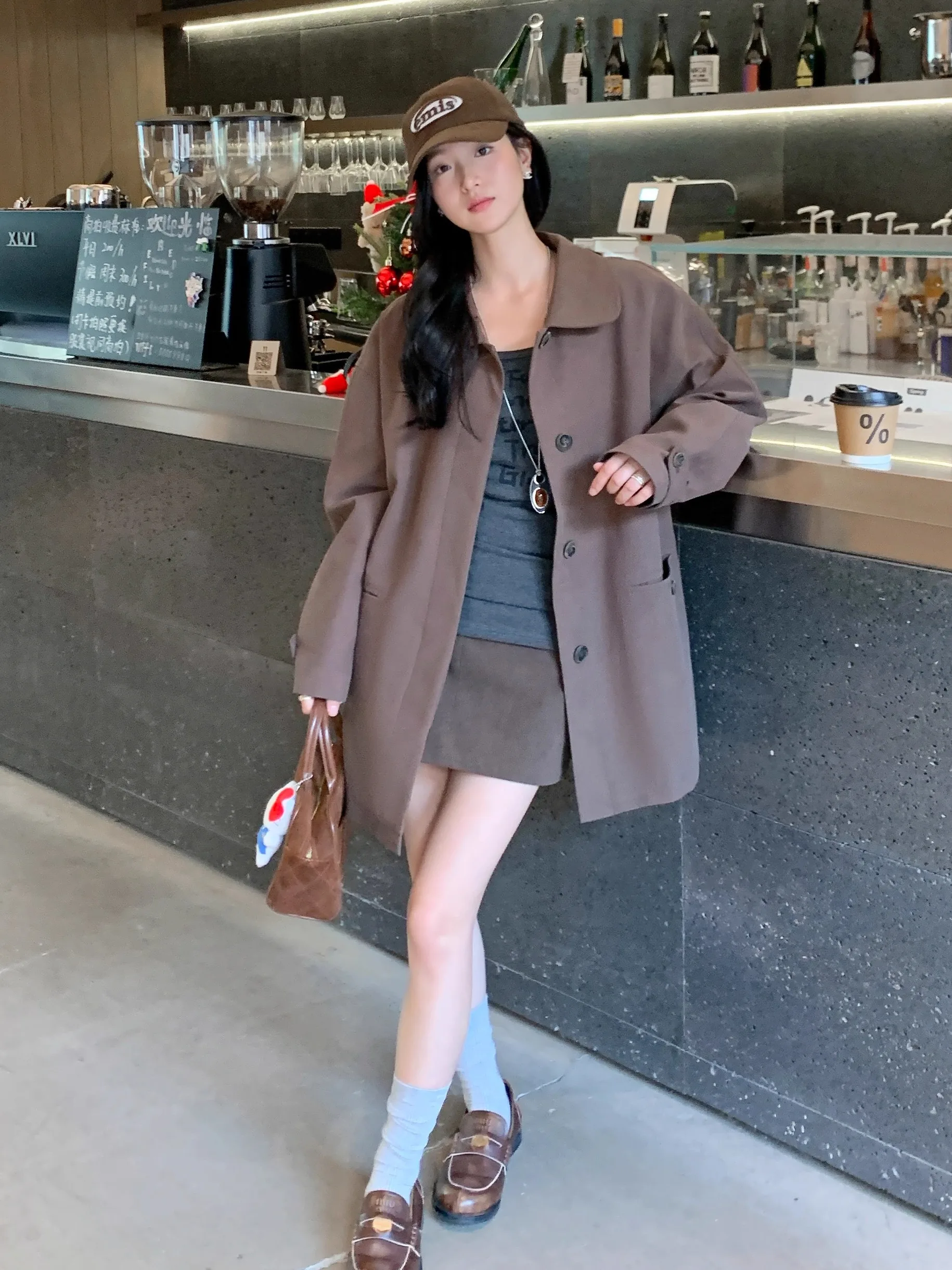 

AUNP Brown Midi Length Stand Collar Coat Women's Small Size Autumn New Slimming High-End Feelings Coat Korean Casual Loose Fit