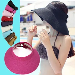 Women Summer Straw Visor Caps Wide Brim Foldable Sun Hat Ladies Outdoor Traveling Hiking Anti-uv Empty Top Bow Beach Hats