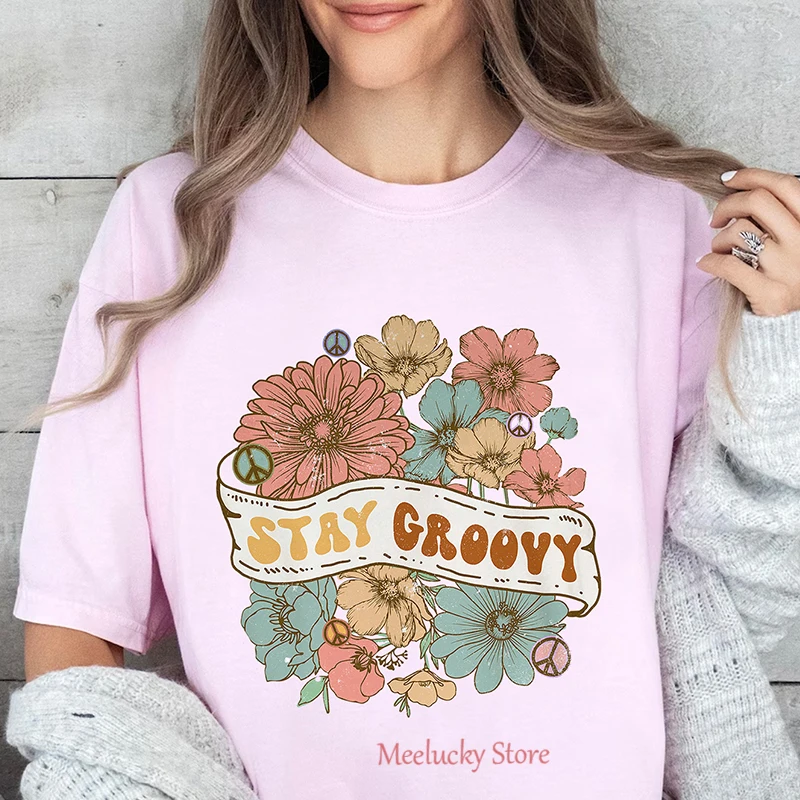 Stay groovy letter printed beautiful pattern summer casual women's top clothing, round neck pure cotton summer refreshing