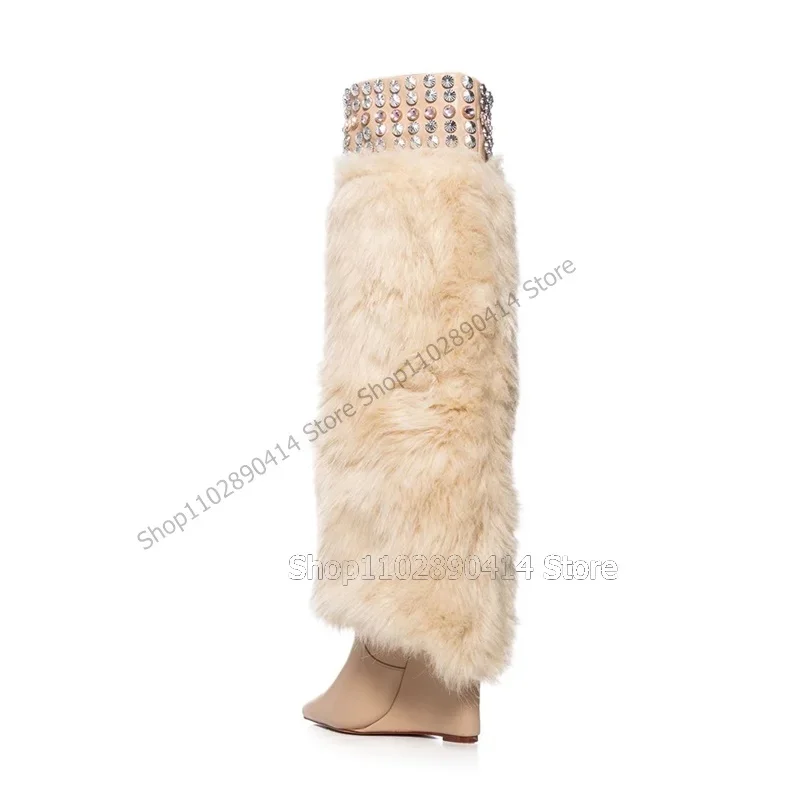 Botas con punta estrecha y decoración de cristal de piel Beige Para Mujer, Zapatos sin cordones a media pantorrilla, Tacón de Cuña, moda novedosa Para fiesta, 2023
