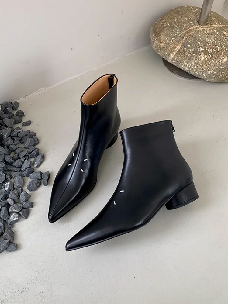 Elegant Women Pointed Toe High Top Shoes Block Heels Office Lady Work Genuine Leather Ankle Boots Fashion Designer Modern Boots