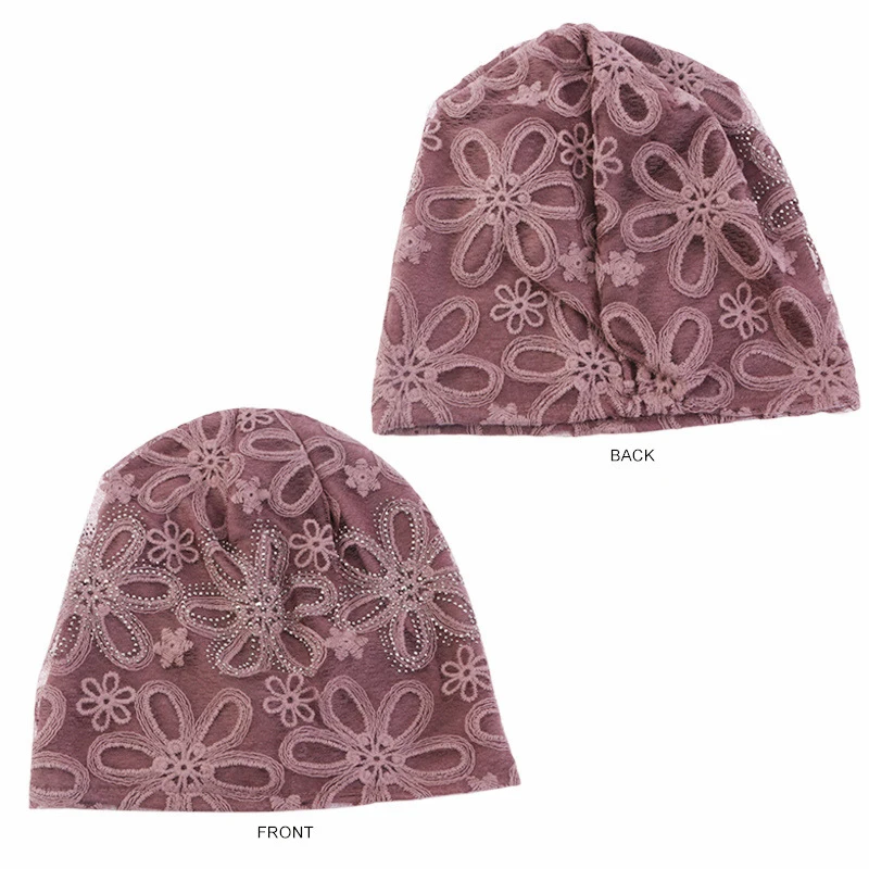 Turbante elástico de encaje de flores para mujer, Hijab musulmán de diamantes de imitación, gorros de noche para dormir islámicos, jersey de quimio, sombrero, bufanda, envoltura para la cabeza, gorros holgados