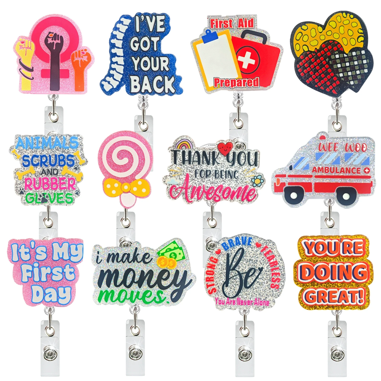 Alligator Clip Badge Reel Glitter Acrylic ID Holder Scratch Resistant for Nurse Work Hospital Medical Student Gift Accessories