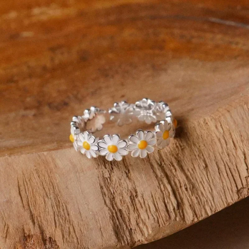 Vintage Daisy Flower Rings For Women Korean Style Adjustable Opening Finger Ring Bride Wedding Engagement Statement Jewelry Gif