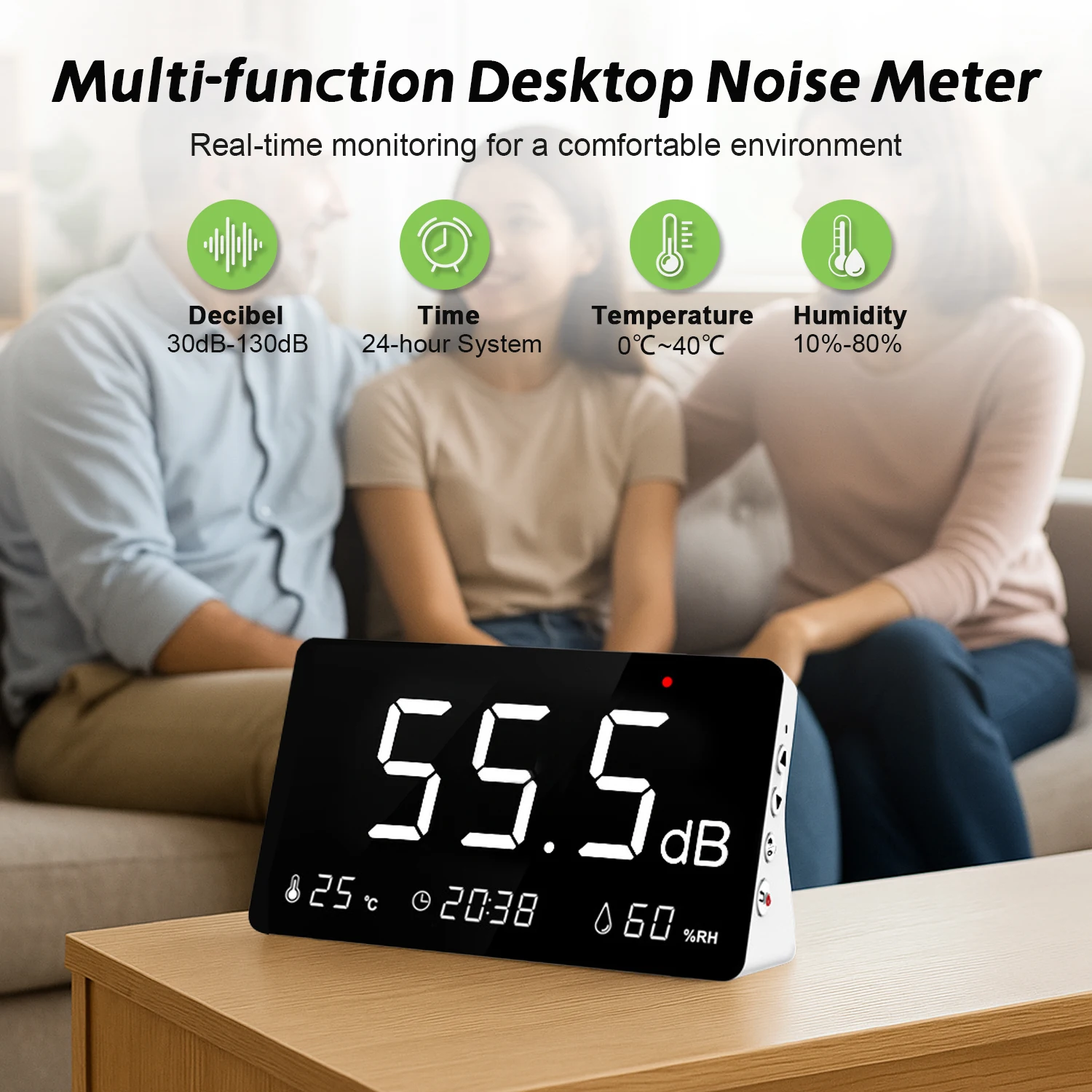Sound Level Meter with Data Logging, 30-130dB Digital Noise Decibel Meter Alarm A-Weighted, 26000 Data Export Rechargeable