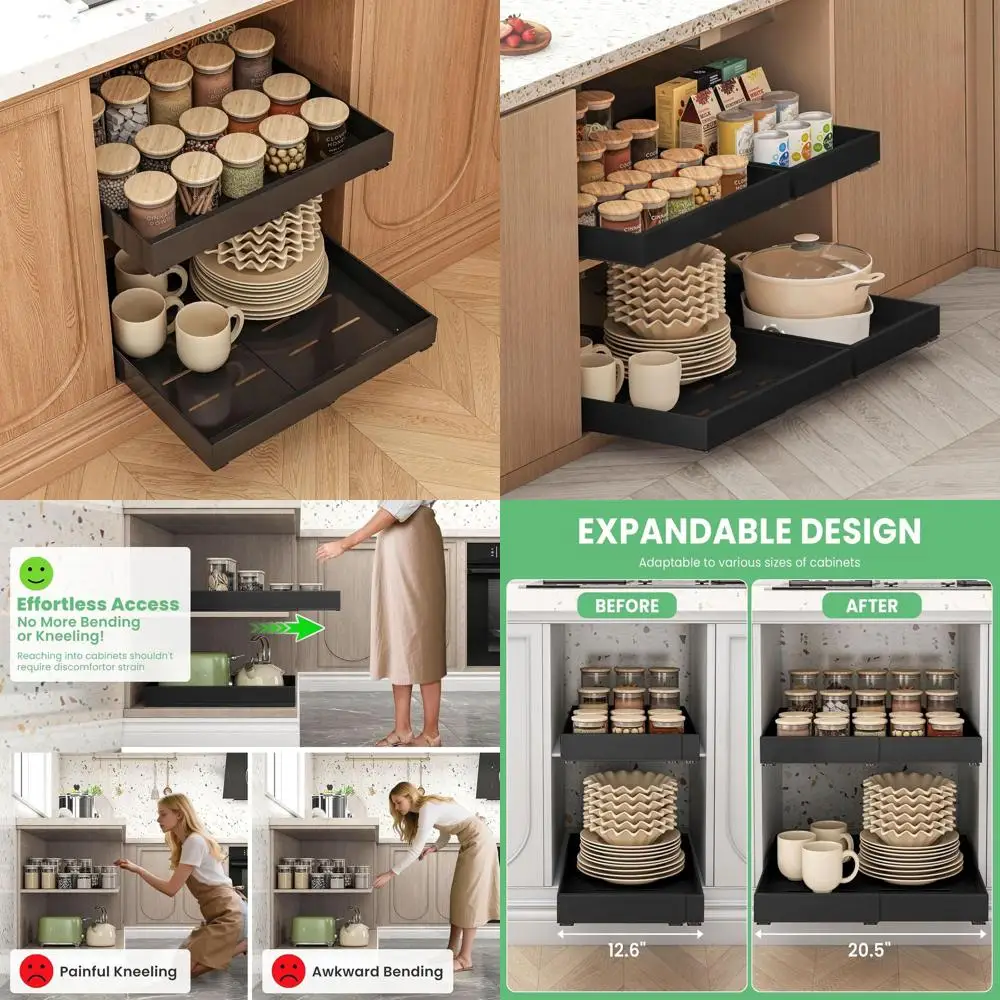 

Kitchen Cabinet Expandable Organizer, 21 Deep, 3 Adjustable Slide-Out Drawers, 12.05-20.5 Width, Black