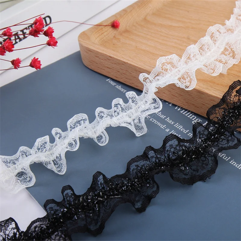 3CM Wide White Black Mesh Elastic Lace Ruffle Trim Embroidered Ribbon Clothes Hemline Dresses Collar Sewing DIY Apparel Decor