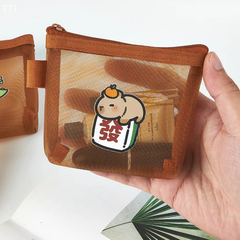 1 шт., модный сетчатый кошелек с изображением капибары, многофункциональный корейский стиль, чехол для ключей на молнии, прозрачная мини-косметичка для путешествий