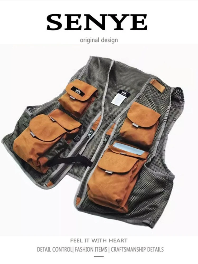 Patched Mesh Multi-Pocket Outdoor Couples Loose Breathable Jacket Men's Japanese Retro Functional Workwear Fishing Vest