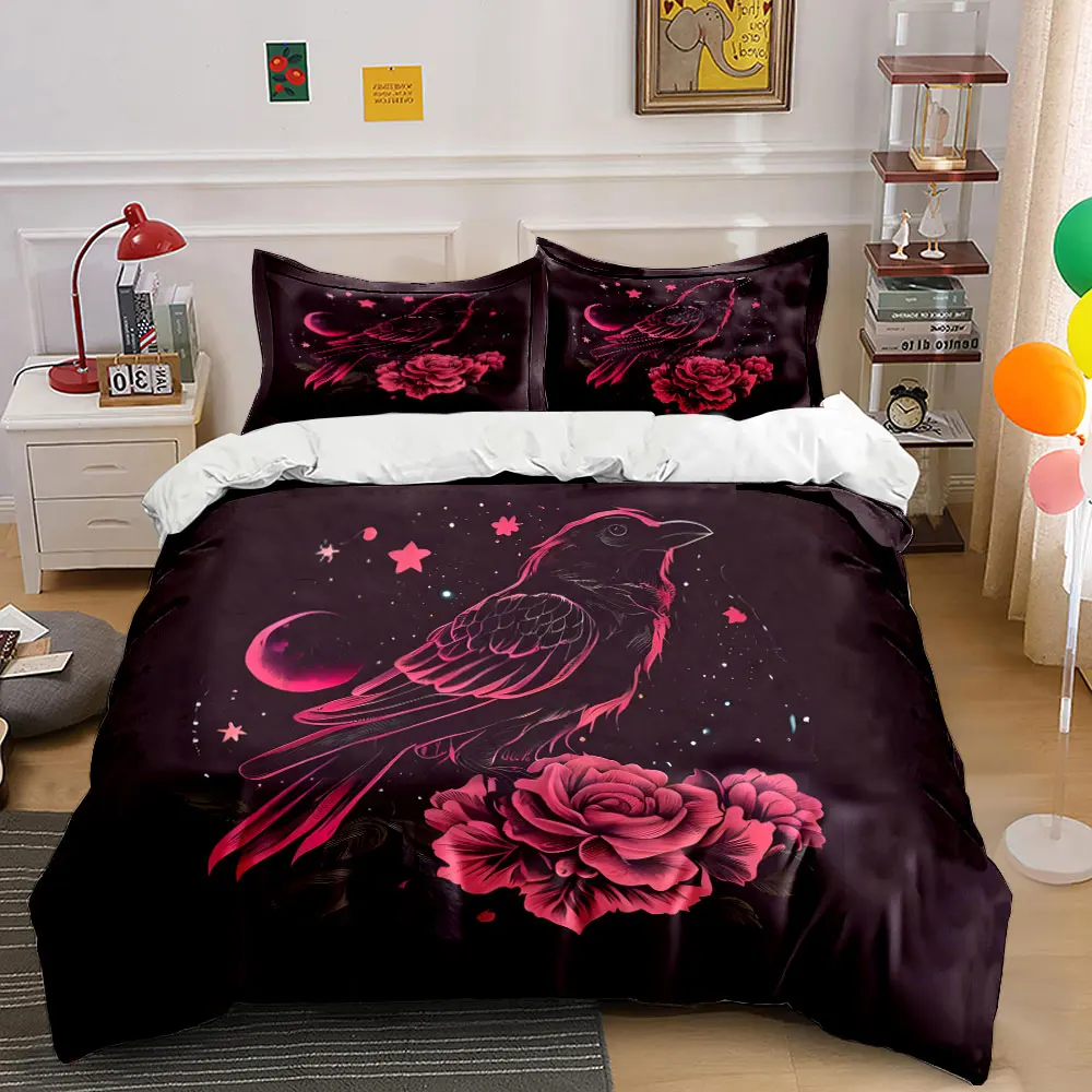 Enchanting raven and roses in starlit sky Print Bedding set 3PC 1 duvet cover 2 pillowcases adult and children bedding set
