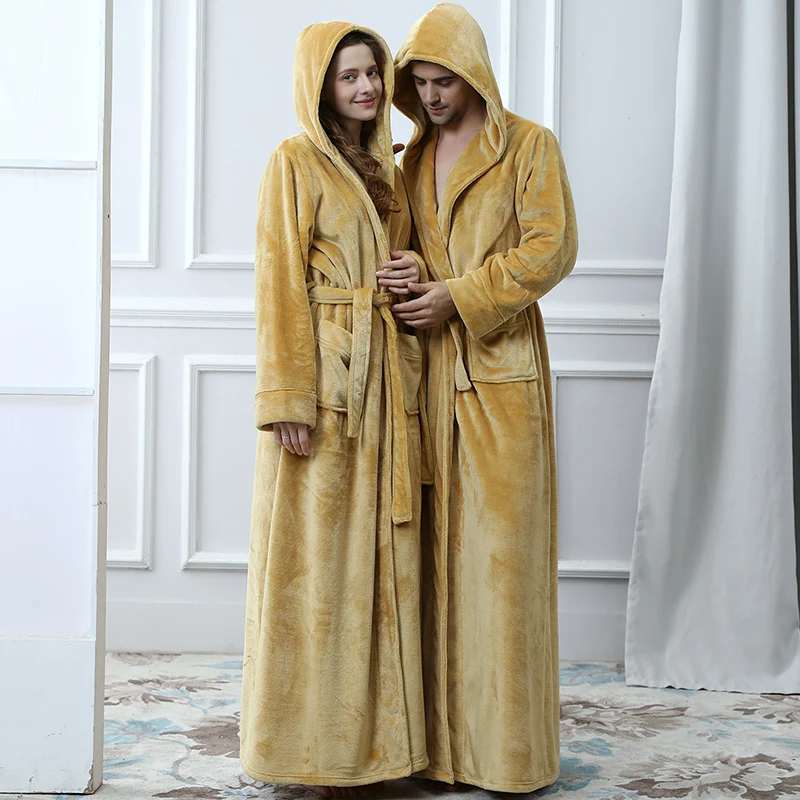 

Thiened Extra Long Flannel Robe with Hat for Couples Men's Coral Fce Batobe Luxury Sle One-Piece Home Clothes for Wi...