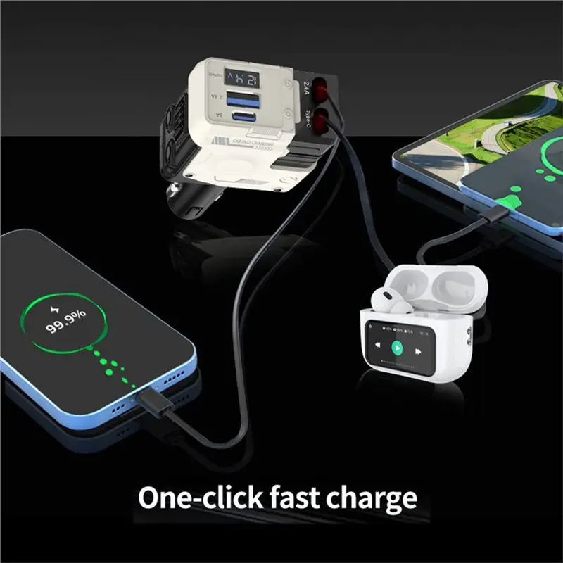 B63B-120W USB C Car 4-In-1 Scalable Super Fast Charging Adapter Type-C With Retractable Cable For Phones Socket
