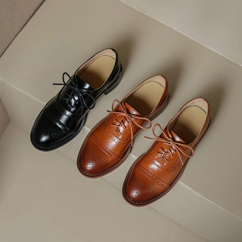 Oxfords-Mocassins à lacets en cuir véritable pour femmes, chaussures noires faites à la main, Brogues décontractées, Vintage, Printemps, Automne, Nouveau