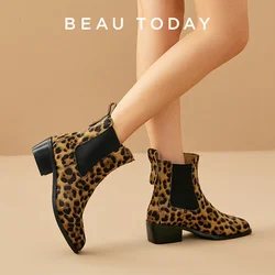 BEAUTODAY Leopard Print Chelsea Boots Women Cowhide Sqaure Toe Elastic Band New Trend Fashion Ankle Boots Female Handmade 03D46