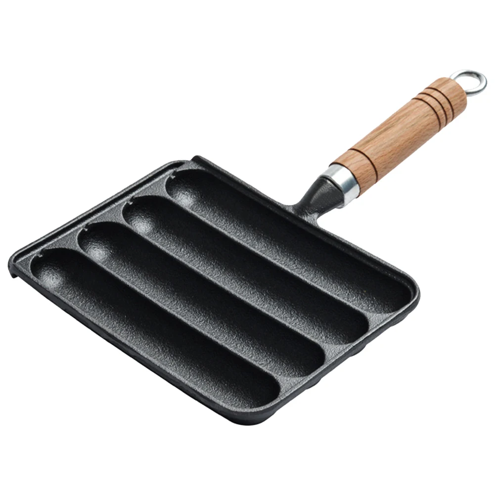 Cast Iron Pre-Seasoned Pot Non-Stick Pot for Grilled Sausage with Wooden Handle Baking Mold Tool Sausage Fry Pan