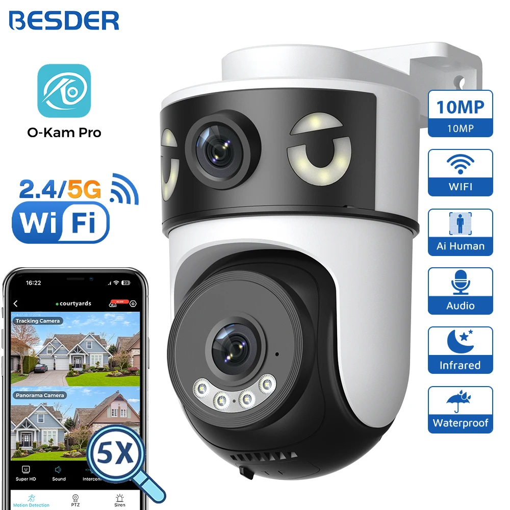 BESDER 10MP PTZ Wifi Camera IP Outdoor Night Vision Dual Screens AI Auto Tracking CCTV Video Surveillance Camera O-Kam Pro