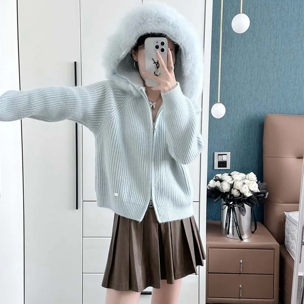 2025 المرأة ريال فوكس الفراء طوق معطف سترة فضفاضة مقنعين الثعلب الفراء الديكور سترة ملابس خارجية معاطف الإناث